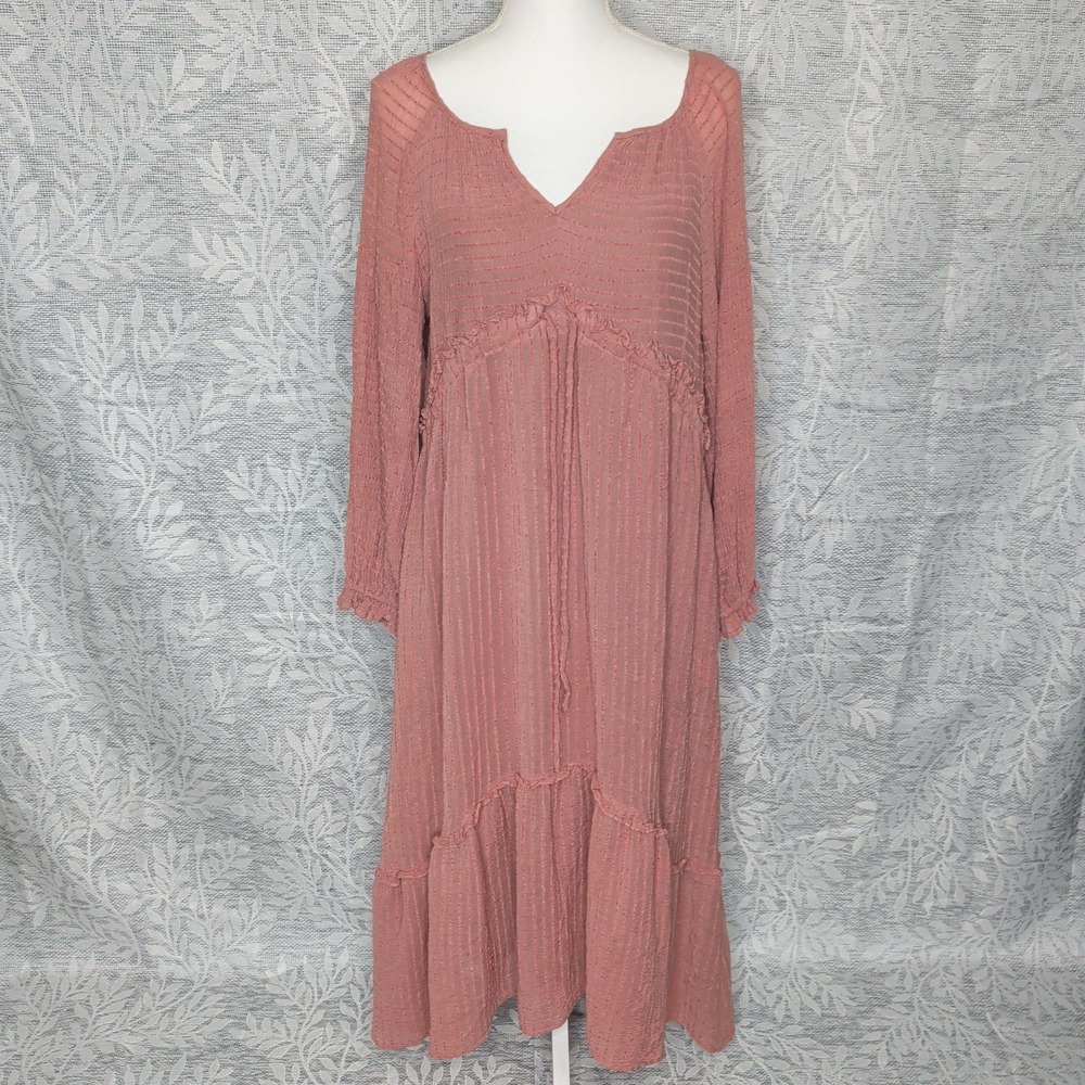 &merci Womens Pink Textured Ruffle Tiered Midi Dress Long Sleeve Small